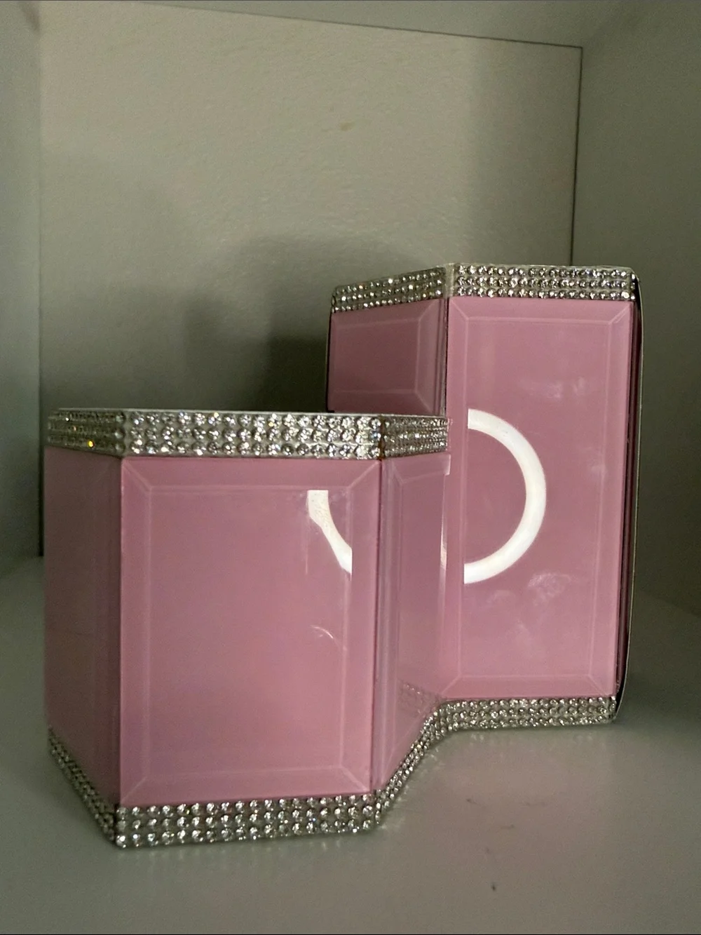 Pink Rhinestone Octagon Double Cup Makeup Brush or Desk Organizer